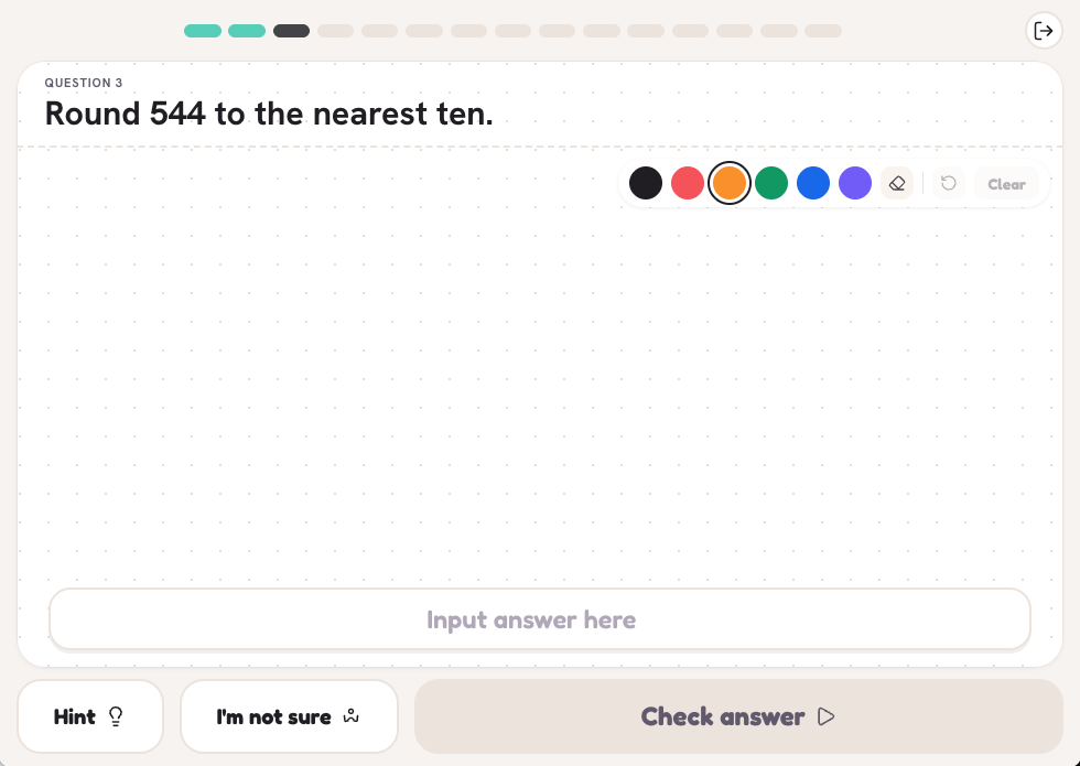 Kid mode: one question, a box to type the answer, and a pad to show the working