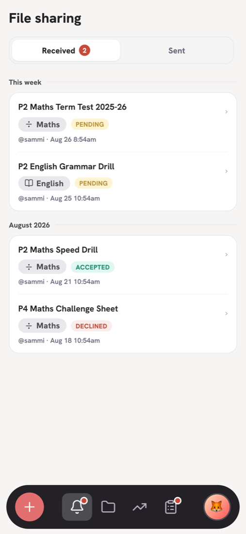 Files shared by other parents, waiting to be accepted